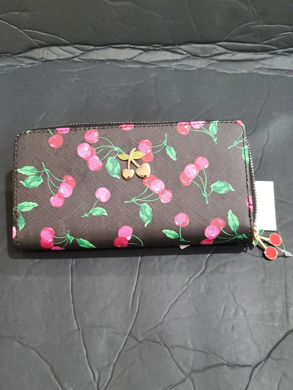 Black and pink cherry printed zip around long wallet with cherry charm brand new